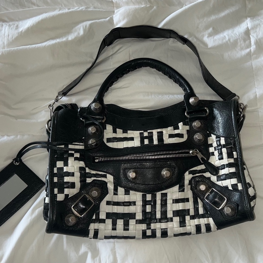 Balenciaga Agneau Black and White Leather Lattice Woven Giant 21 City